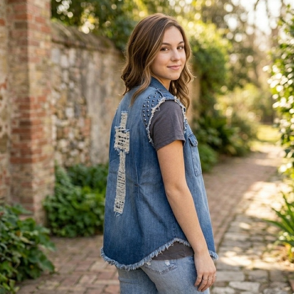 Mono B Studded Denim Vest One Size Distressed Cross Back Raw Hem Blue Jean‎